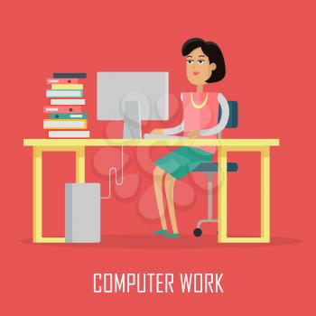 Computer work concept vector in flat design. Woman seating under table and working on computer, binders with papers on desk. Working process in office, business in internet, daily tasks illustrating. 
