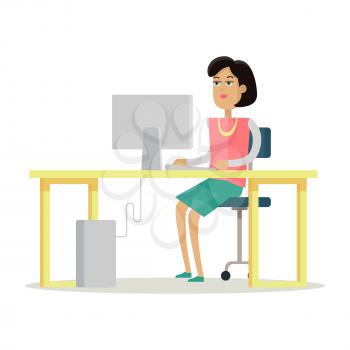 Young business woman works on her desktop in office, sitting at desk, looking at computer screen. Young woman personage in flat design isolated on white background. Vector illustration.
