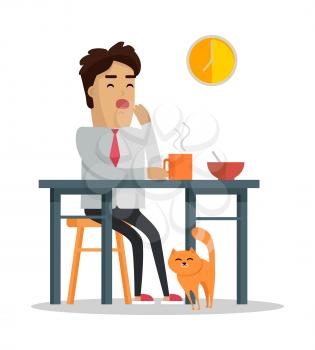 Fatigue after work day concept. Vector in flat design. Tired man in a shirt and tie yawning at the table during dinner at home. Early waking up and lack of sleep. On white background