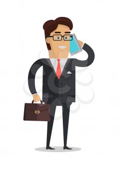 Businessman character vector. Cartoon in flat design. Smiling man in suite, glasses with briefcase making calls. Illustration for business concepts, people infographics. Isolated on white background.
