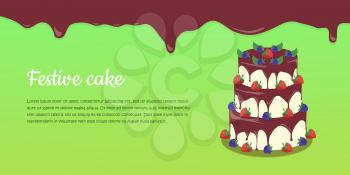 Bon appetit. Festive cake web banner. Chocolate cake bakery isolated design flat. Birthday cake, dessert and cookies, sweet confectionery, delicious cream, tasty pastry cake. Vector illustration