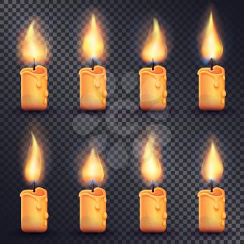Collection of icons with candles. Fire animation on transparent background. Flame animated effect illustration in simple cartoon style. Eight yellow brightly burning candles. Flat design. Vector