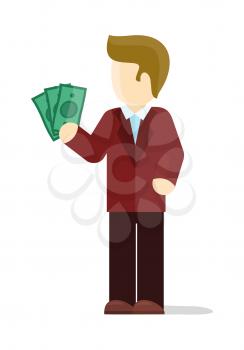 Croupier vector illustration. Flat design. Man character in red suit standing with dollar bills in hand. Winning at casino. Good stake in gambling. Lucky gambler. For gambling services ad. On white 