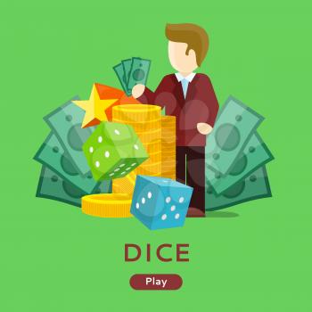 Casino gambling website template. Chips stacks, croupier, craps dice and money on green background. Banner for online casino. Vector illustration. Casino background