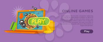 Online games web banner with laptop casino roulette wheel isolated on white. Online play concept. Casino jackpot, luck game, chance and gamble, lucky fortune. Vector illustration in flat style