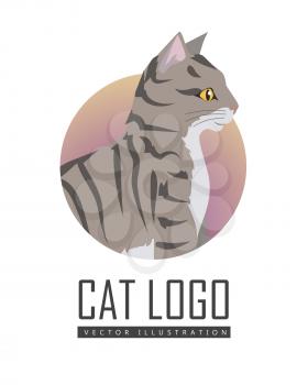 Toyger cat breed. Cute tabby cat seating flat vector illustration isolated on white background. Purebred pet. Domestic friend and companion animal. For pet shop ad, animalistic hobby concept, breeding