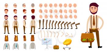 Businessman character creation set. Man with bag of money. Icons with different types of faces, emotions, clothes. Front, side, back view of male person. Moving arms, legs. Chair. Board. Vector