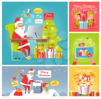 Merry Christmas. Dear Santa. Fast delivery. Best presents with love. Best sale. Set of greeting cards with Santa, elves, gift boxes. New Year celebration concept. Vector in flat style illustration