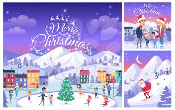 Merry Christmas. Greeting cards design for celebration Christmas. Happy people on ice rink. Houses on background. Excited family outside. Skiing Santa Claus with presents. Cartoon style. Vector