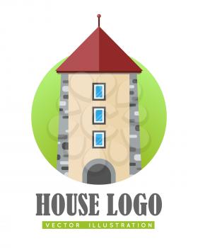 House logo vector illustration web button icon sign symbol. Building with arc. Three storey building with windows. Tower center modern building sign. Flat style logo in circle. For building company