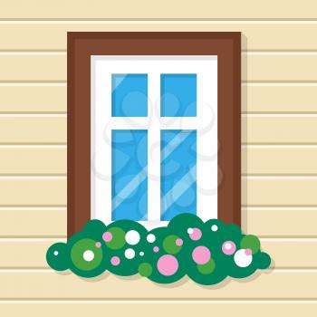 Window with flowers in the house. Street view on plastic wall. Fragment of the home interior. Home window view. Window icon. External window in the building. Flat style vector illustration