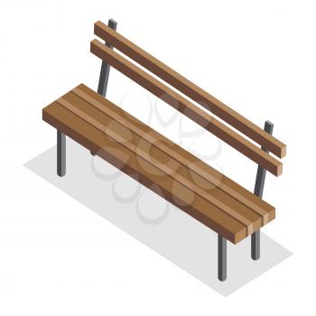 Wooden park bench with shadow. Wooden bench icon. One isolated outdoor bench. City isometric object in flat. Isolated vector illustration on white background.