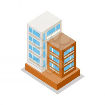 Isometric modern apartment building. Architecture apartment icon, building residential, business multistory building, office building. Isolated object on white background. Vector illustration.