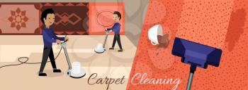Carpet cleaning service banner. Man in uniform cleaning carpet with commercial cleaning equipment. Carpets chemical cleaning with professionally disk machine. House cleaning concept in flat.