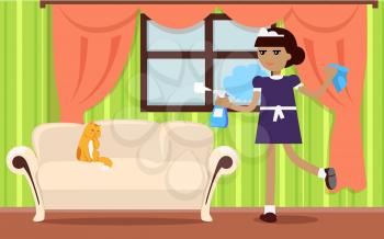 House cleaning banner. Girl in blue uniform with cleanser and duster cleaning in house. Cleaning service, house cleaning service, housework, home cleaning, domestic cleaning service, clean room