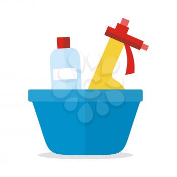 Basin with washing cleaners. Glass cleaner and substance for washing isolated on white. Sign icon symbols of clean in house. House washing equipment. Office and hotel cleaning. Housekeeping. Vector