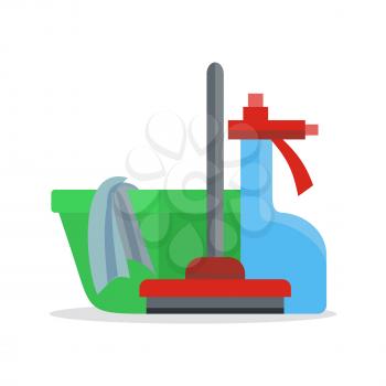 Cleaning service web banner. Basin with duster, broom and glass cleaner icon. Signs of clean in house. House washing equipment. Office and hotel cleaning. Housekeeping. Cleaning concept. Vector