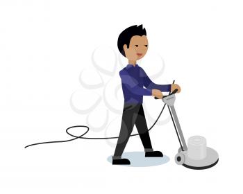 Floor cleaning vector video banner. Flat design. Man working with surface cleaner machine. Illustration for cleaning companies and services advertising. Isolated on white background.