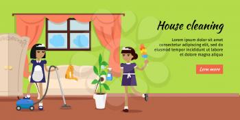 House cleaning vector web banner. Flat design. Maids with vacuum cleaner, whisk dust and sprayer working in apartment. Home servants. Illustration for cleaning companies and services web page design