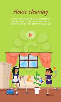 House cleaning vector video banner. Flat design. Maids with vacuum cleaner, whisk dust and sprayer working in apartment. Servants. Illustration with play button for cleaning companies web page design
