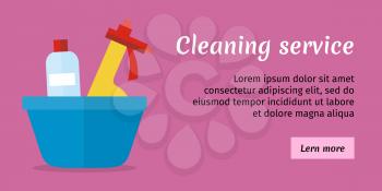 Purple cleaning service banner with blue basin and cleaning products. House cleaning service, professional office cleaning, home cleaning, domestic cleaning service illustration. Website template