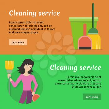 Set of cleaning service web banners. Flat style. House cleaning vector concepts with woman, broom and bucket. Illustration with play button for housekeeping online services, sites, video, animation