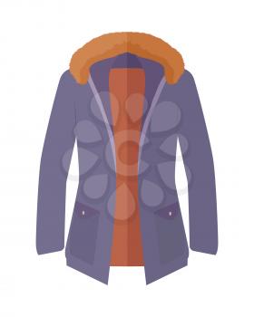 Long warm jacket with fur collar icon. Unisex everyday clothing in casual style flat vector illustration isolated on white background. For clothing store ad, fashion concept, app button, web design