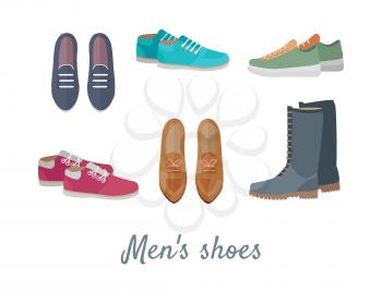 Men s shoes. Stylish footwear for man. Boots athletic shoes, casual footwear. Loafers. Dress boots. Work boots. Chukkas. Duck boots. Gym sneakers. Slippers. Boatshoes Autumn winter collection Vector