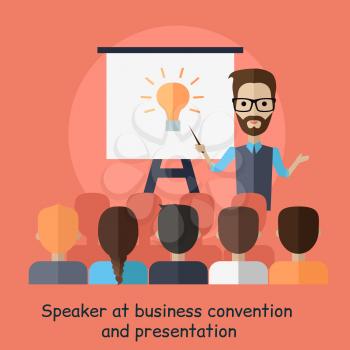 Speaker at business convention and presentation. Motivational management. Man talks about new direction in company strategy. Part of series of developing successful leadership in team working. Vector