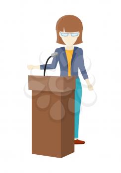 Woman orator speaking from tribune. Concept of public speaking, business seminar and business conference, couching. Woman standing at lectern giving public speech. Web infographics in flat.