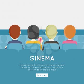 People in cinema hall, back view. Four young men and a woman sitting in a chair facing a blank screen. Cinema background. Website design template. Vector illustration in flat style design.