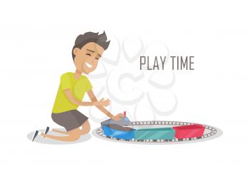 Play time. Little kid playing with train construction. Boy playing with toys. Smiling boy playing with trains and railroad. Isolated object on white background. Vector illustration.