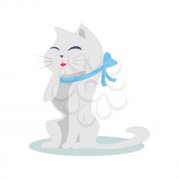 Cute cartoon cat with blue ribbon. The gray cat washes, licks a paw. Cat is washing itself. Cat icon. Pet icon. Isolated vector illustration on white background