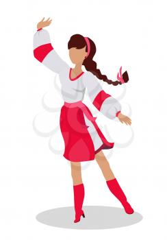 Woman in ukrainian national clothes dance. Vector in flat design. Young girl with braided hair in white blouse, red skirt and boots dancing traditional folk dance. Slavic choreography and folklore. 