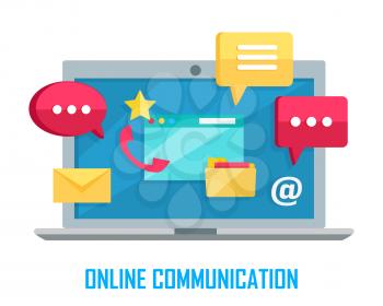 Online communication. Laptop with chat web conversation signs isolated on white. Interface dialog, talk button, application speech balloon, message, sms, email. App icon flat style design. Vector