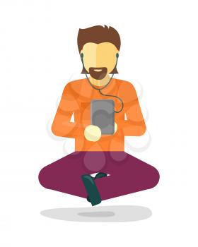 Young man in lotus pose listening music with smartphone. Man meditating in lotus pose. Zen man in yoga pose. Private man icon. Music meditates. Isolated object in flat design on white background.