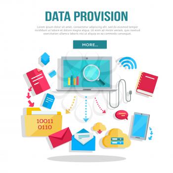 Data provision banner. Networking communication and data icons around laptop on white background. Data protection, global storage service and online cloud storage, security and privacy, safety, backup