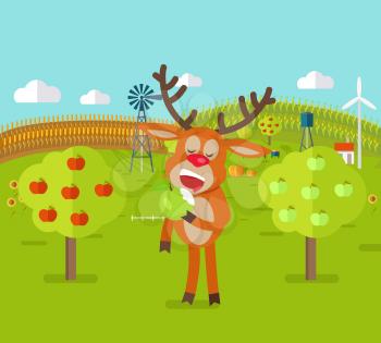 Deer in garden eats apple. Cute reindeer has a snack. Orchard garden and corn field on background. Deer character adventures in flat style design.Windmills and bee house. Vector illustration
