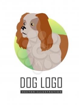 Brown and white spaniel dog, round logo on white background. Dog icon. Vector illustration in flat style. English cocker spaniel design. Cartoon dog character, pet animal.
