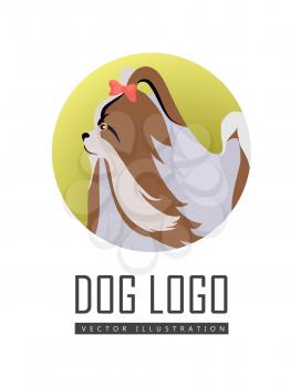 Dog logo vector illustration of Pekingese isolated on white background. Lion Dog, Peking Lion, Pelchie Dog or Peke. Chinese toy dog with bow. Shih Tzu. Home pet. Popular small breed. Vector