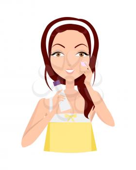 Cleansing. Girl clean her face with lotion. Cleaning with help of sponge. Woman instruction how to make up correctly. Girl cares about her look. Part of series of face care. Vector illustration