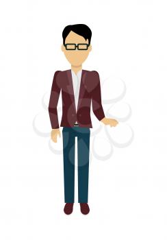 Male character without face in red jacket vector in flat design. Man template personage illustration for invitation concept, mobile app pictogram, logos, infographic. Isolated on white background.