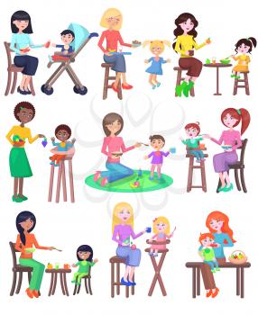 Feeding baby illustration. Young mothers of different nationalities feeding their babies set. Chair for baby. Playground. Kindergarten. Lovely kids have a meal. Food consumption. Vector in flat style