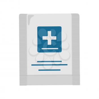 First aid kit vector illustration in flat design. Hermetic plastic bag with a cross blue. Container for sterile medical supplies. Bandages, plasters, cooling package. Isolated on white background