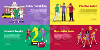 College football team. Football coach. Heisman trophy. Cheerleading girls web banners. Set of banners of players near college, thoughtful football coaches, golden award, cheerleading girl teams. Vector
