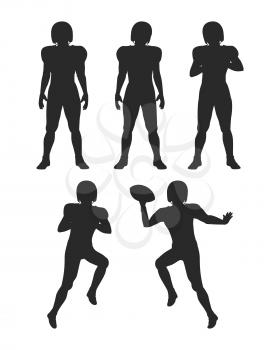 Silhouettes of american football players. Strong athletic sportsman. Icons of soccer game members. Standing men, holding a ball. Jumping and throwing balls underneath. Simple cartoon style. Vector