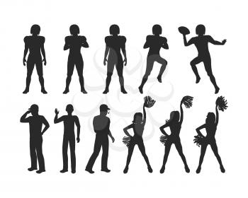 Silhouettes of american football players. Strong athletic sportsman. Football coaches. Cheerleading girl teams. Icons of soccer game members. Cartoon style. Flat design. Vector ilustration