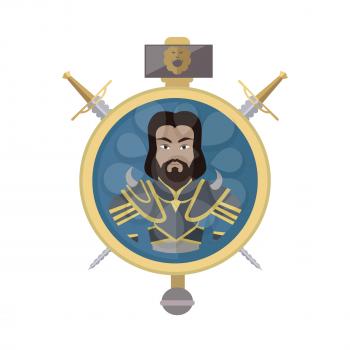 Coat of arms shield with swords and hummer vector. Flat style. Cold weapon and armor with king portrait. Illustration for games industry concepts, icons and pictograms. Isolated on white background.