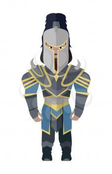 Fantasy knight character vector in flat style design. Warrior game personage in fairy bright armor. Illustration for games industry concepts, icons and pictograms. Isolated on white background.
