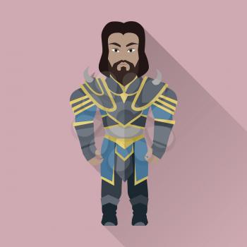 Game object of knight in steel medieval armor with crown. Character stand in front. Stylized fantasy characters. Game object in flat design on game background. Vector illustration.